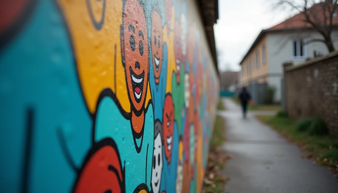 Close-up of colorful community art mural in an urban neighborhood