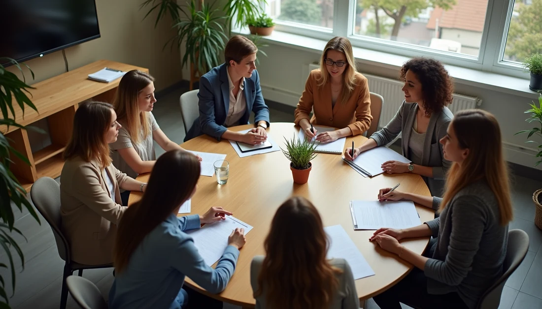 High angle view of nonprofit team collaborating around a table