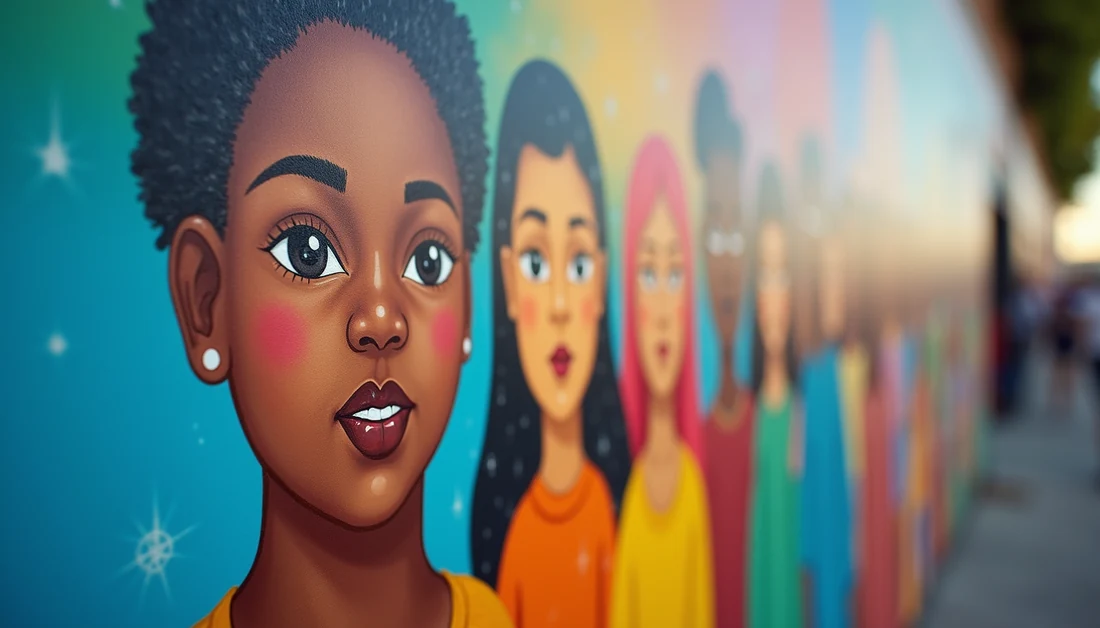 Close-up of colorful community mural representing diversity