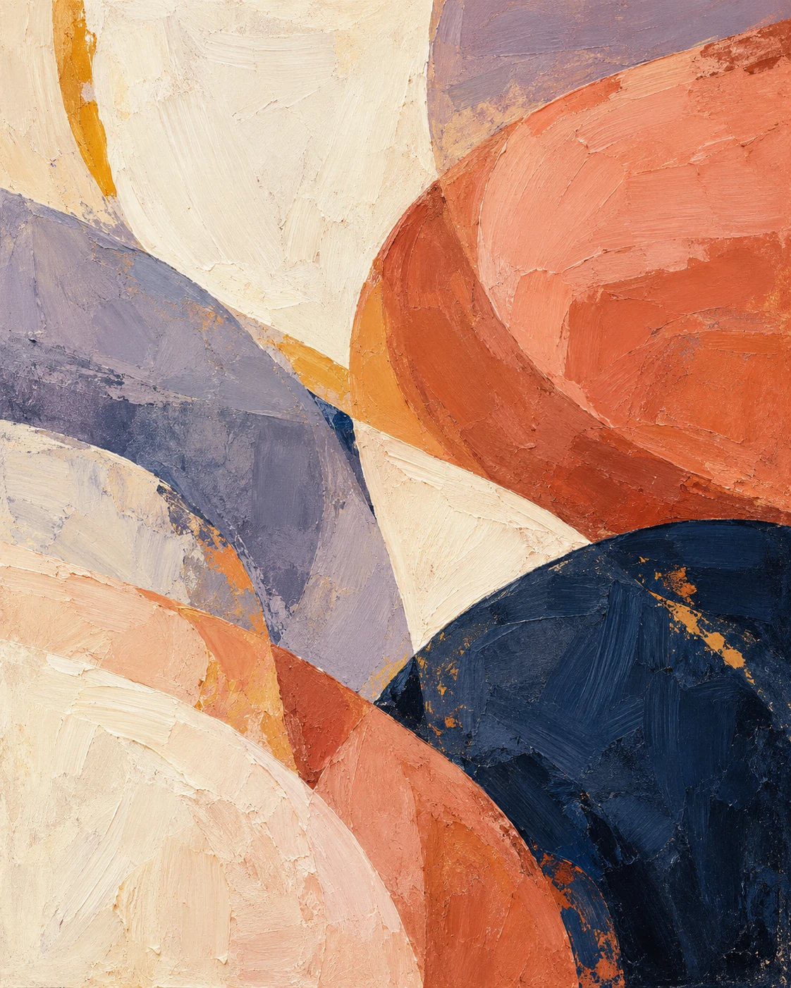 Abstract painting with coral, indigo, lavender, and ivory forms