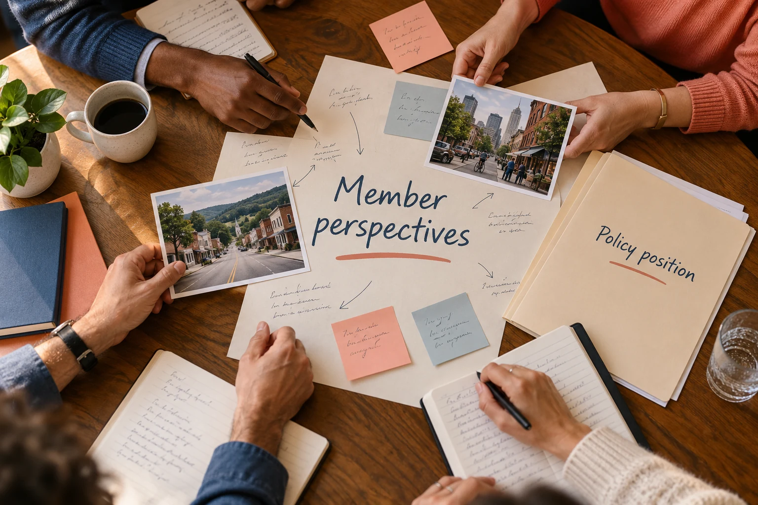 Illustrative advocacy consultation: rural and urban member experiences are gathered before the association adopts a policy position.