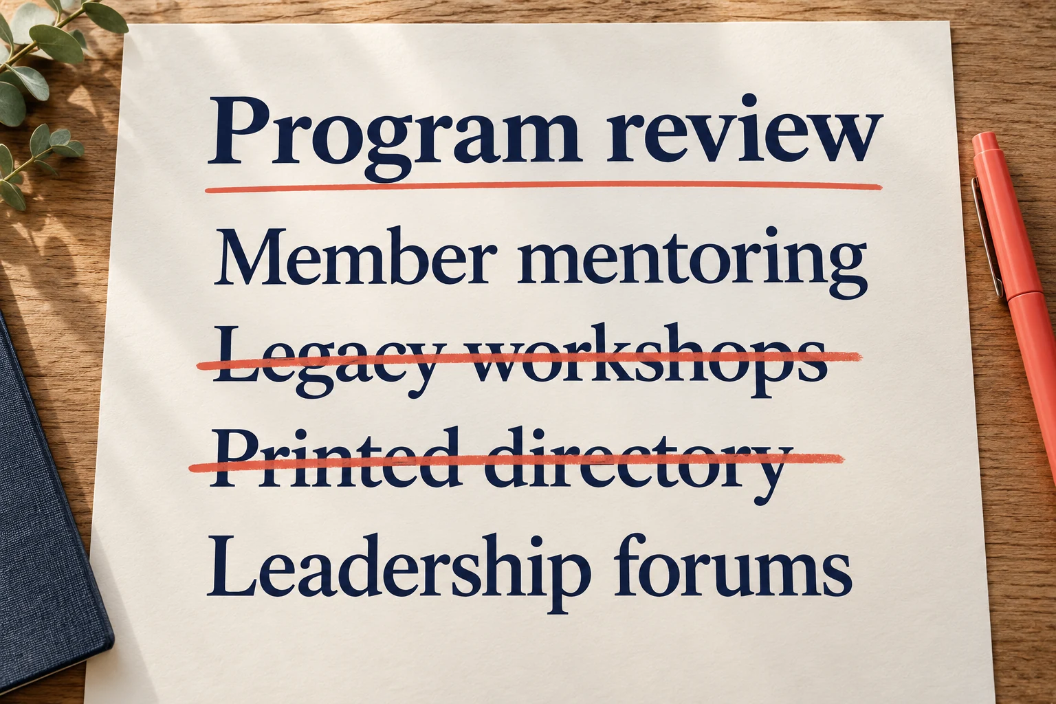 Illustrative program review: Member mentoring and Leadership forums continue; Legacy workshops and Printed directory are crossed out as sunset programs.