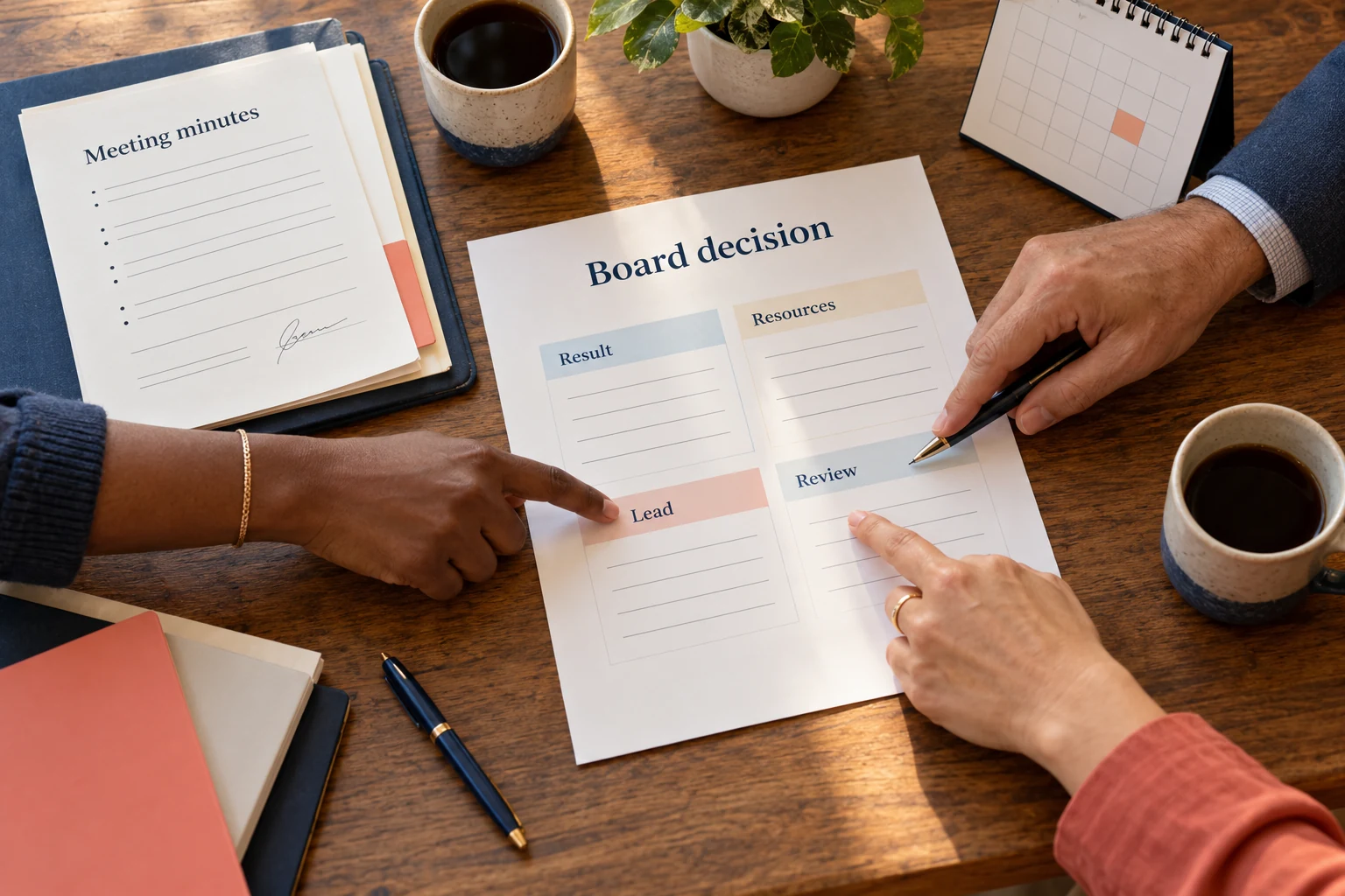 Illustrative board follow-through: directors identify a decision's result, resources, lead, and review date.