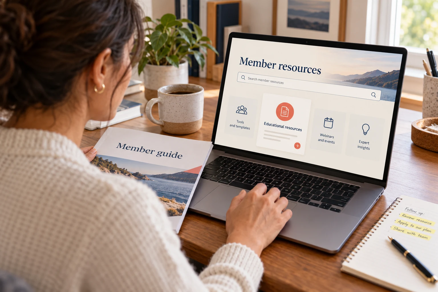 Illustrative member experience: a member uses a searchable resource portal and printed guide to find an educational benefit.