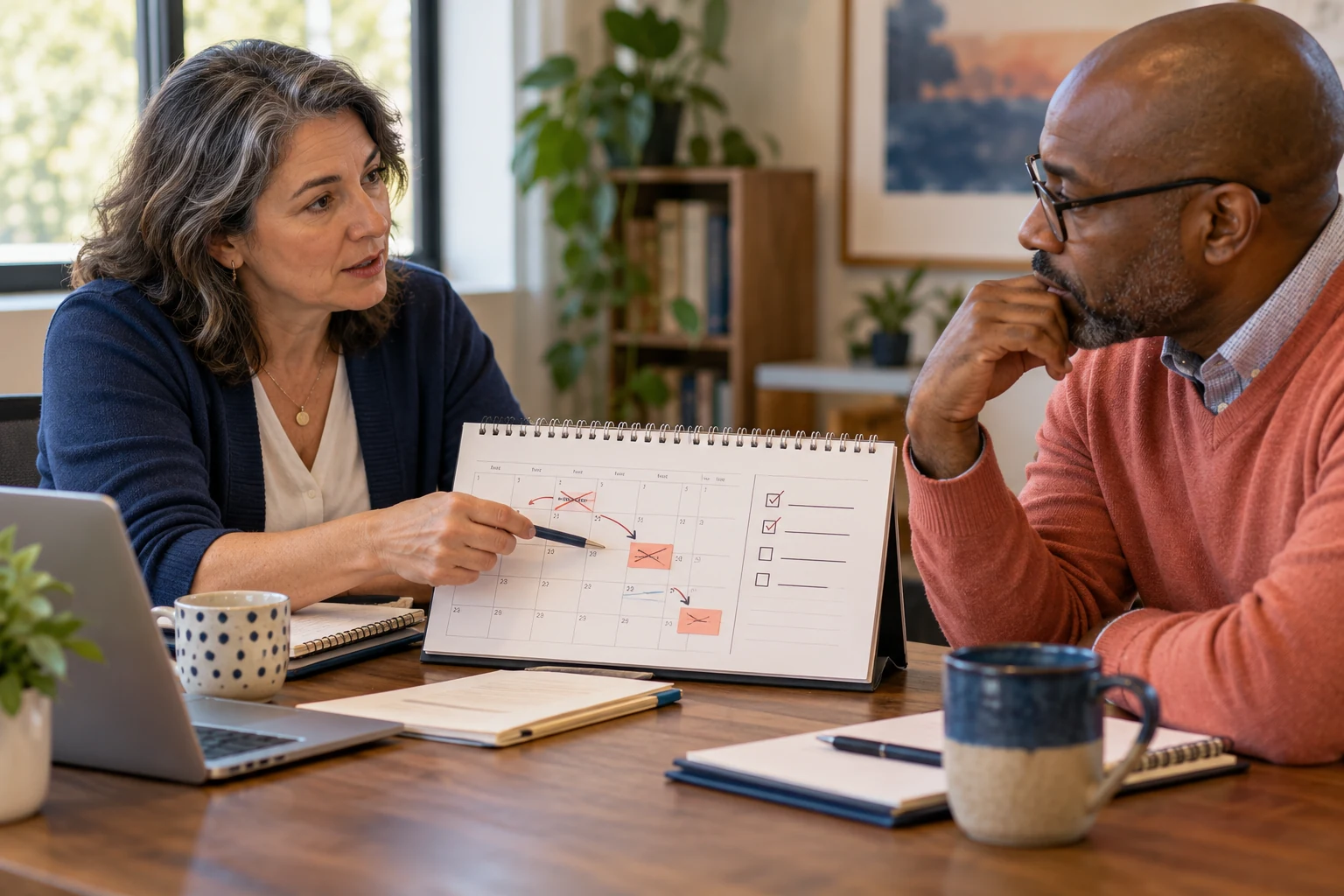 Illustrative deadline discussion: an executive and committee chair review a calendar with repeatedly changed project dates.