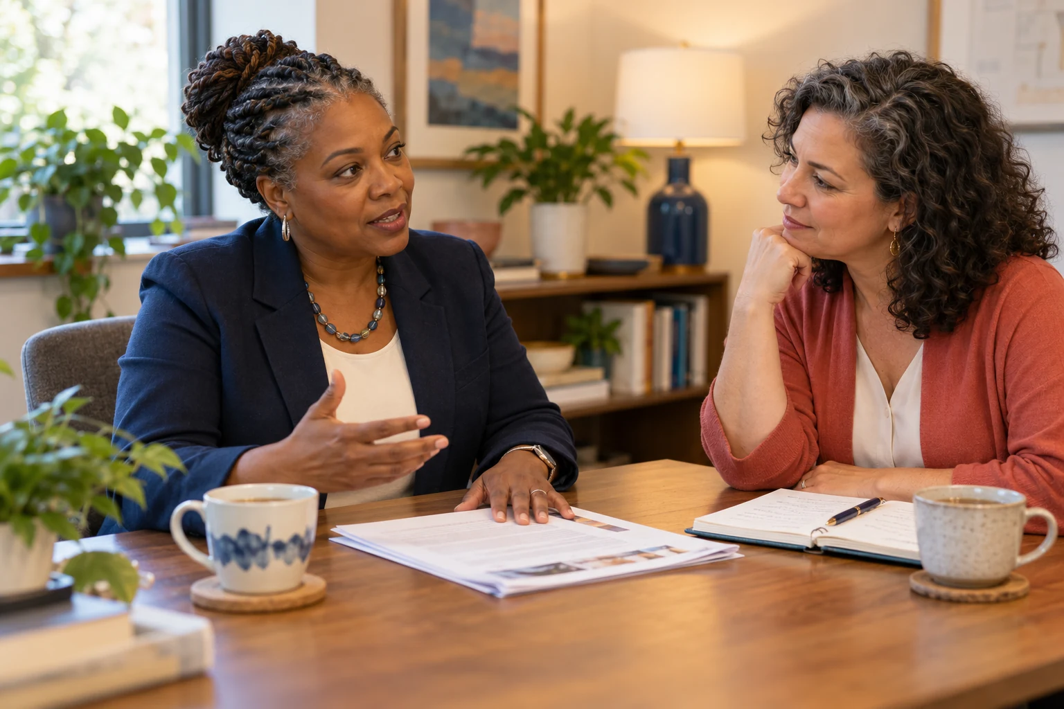 Illustrative coaching conversation: an executive discusses a partnership document while her coach listens.