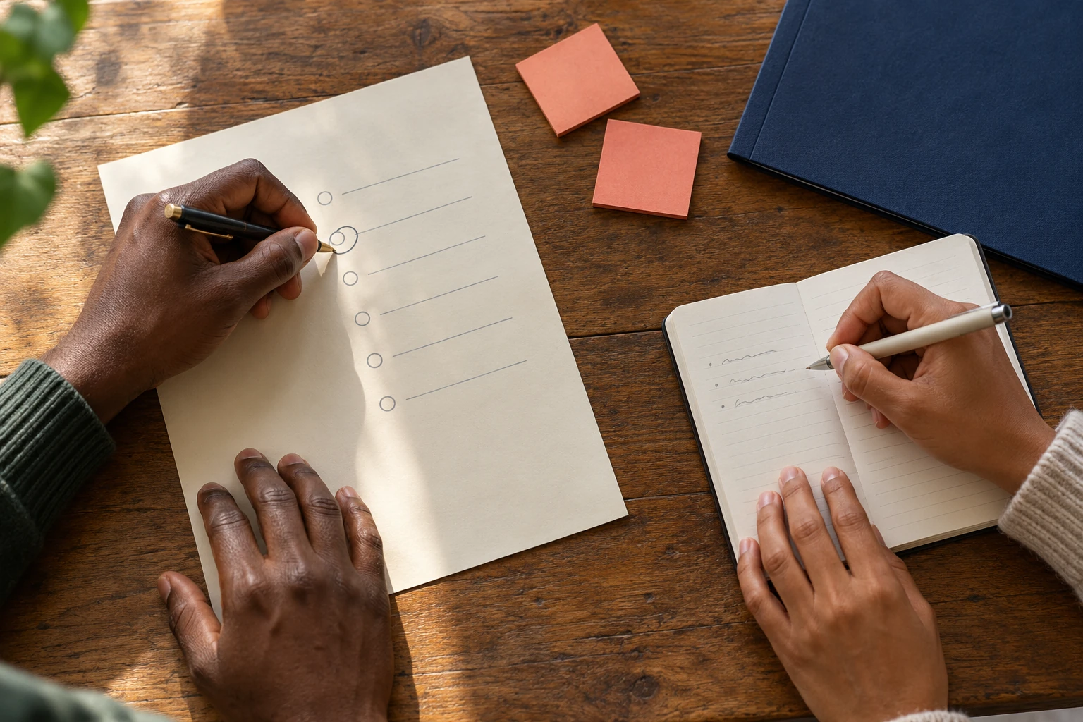 Hands mark an agenda item and write notes beside an indigo folder.